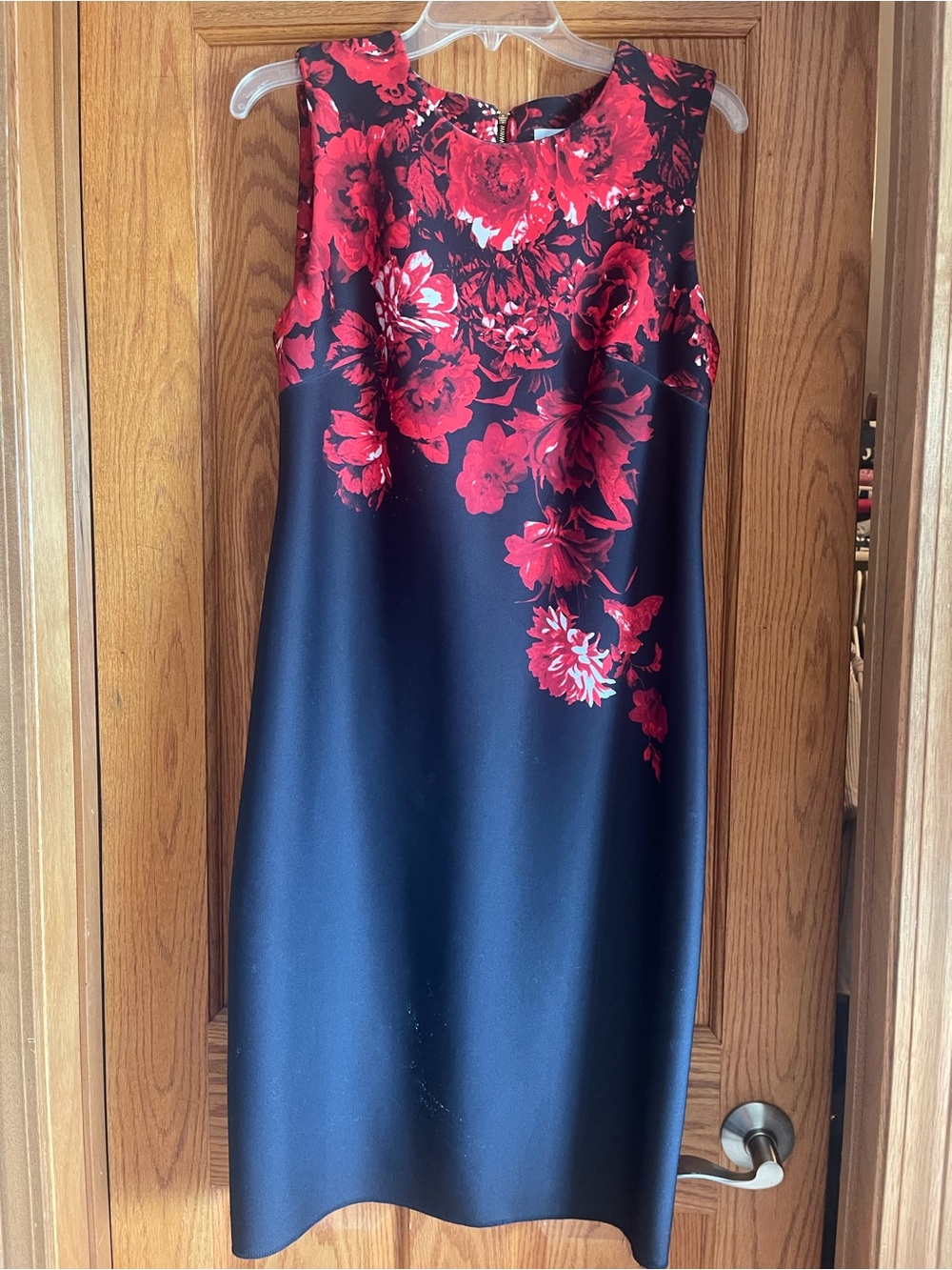 Calvin Klein Black Sheath Dress with Red Floral Print